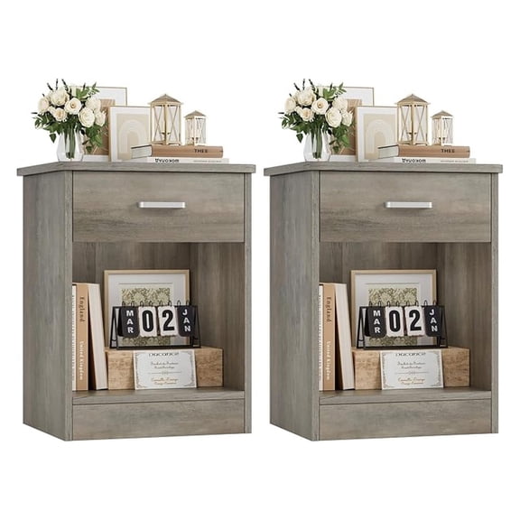 Nightstand Set of 2, 2-Tier Side Table with Drawer and Storage Shelf, Bedside Table End Table, Modern Night Stand for Bedroom, Home Office,Vintage Grey