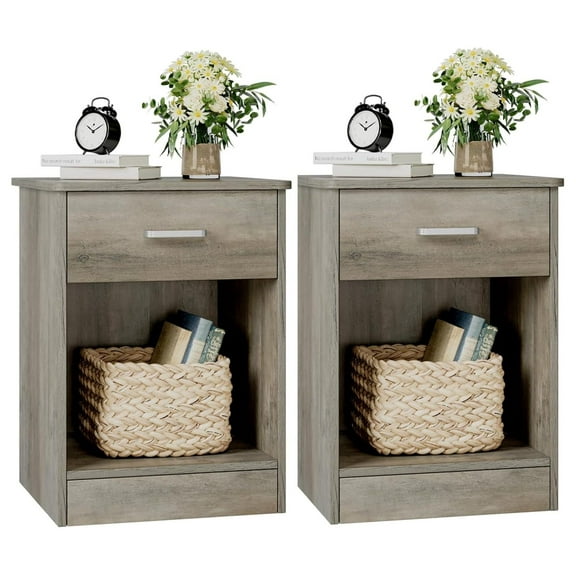 Nightstand Set of 2, 2-Tier Side Table with Drawer and Storage Shelf, Bedside Table End Table, Modern Night Stand for Bedroom, Home Office,Vintage Grey