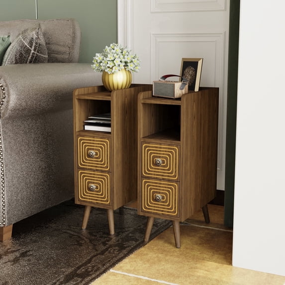 Pusnapku Nightstand Set of 2, Narrow Bedside Table with Drawers, Open Storage, Mid-Century Wooden End Table, Accent Cabinet for Bedroom, Living Room