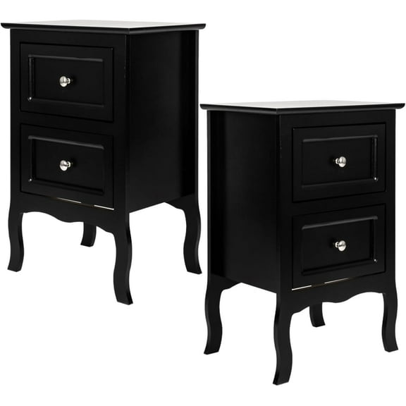 Nightstand Set of 2 for Bedroom, Vintage Small Night Stand with Drawers, Farmhouse Side Table, Wooden End Tables with Curved Legs for Office, Mid-Century,Black
