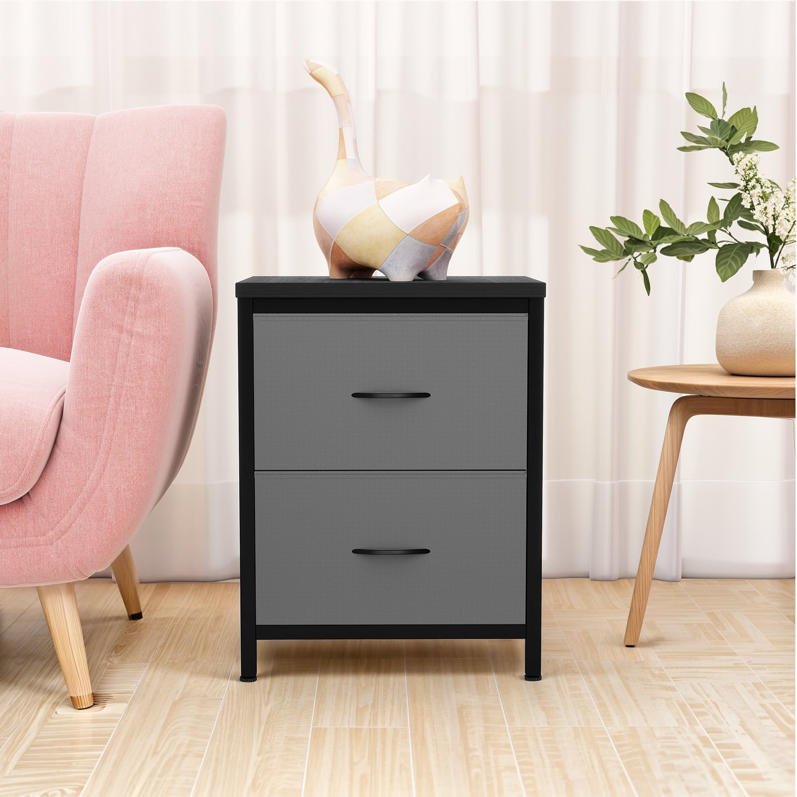 Gray and Black Metal Frame Nightstand Set with MDF Top, 2 Fabric Drawers