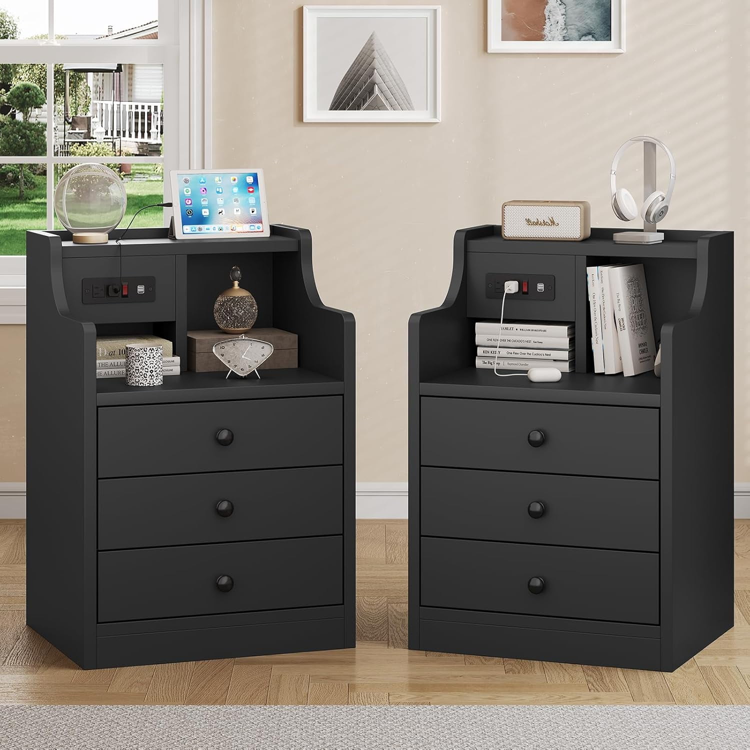 Nightstand Set 2, Black NightStand with Hutch and Charging Station ...