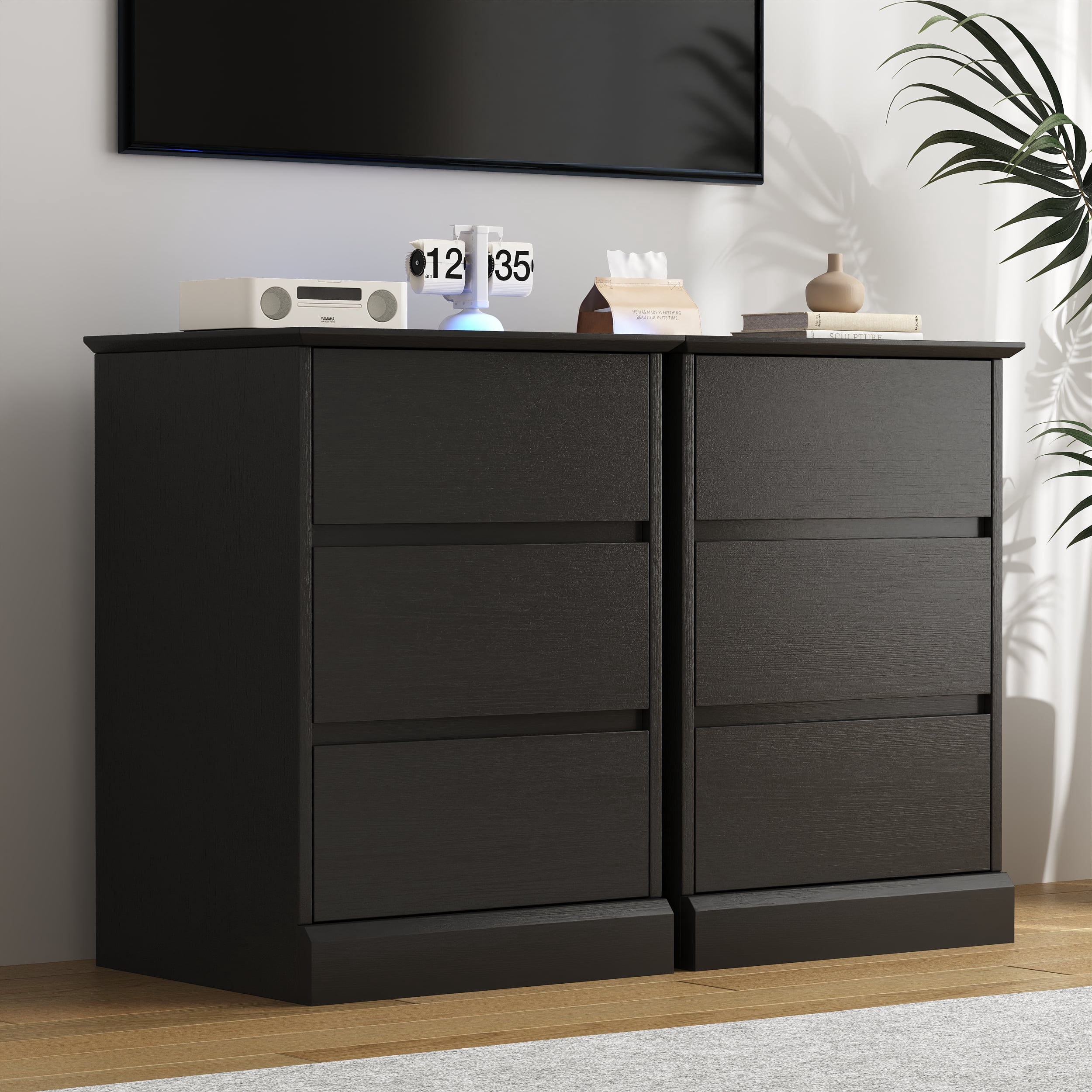 Nightstand Set of 2 Black Nightstand with 3 Drawers, Black Bedside Table Night Stand for Bedroom with Charging Station & Cut-Out Handle, Sofa Side Table for Bedroom
