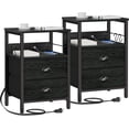 thumbnail image 1 of Nightstand Set of 2, Black Oak, with Charging Station and USB Ports, Side Tables with 2 Fabric Drawers, Bedside Tables with Storage Shelf & Hooks, for Living Room/Bedroom, 1 of 14