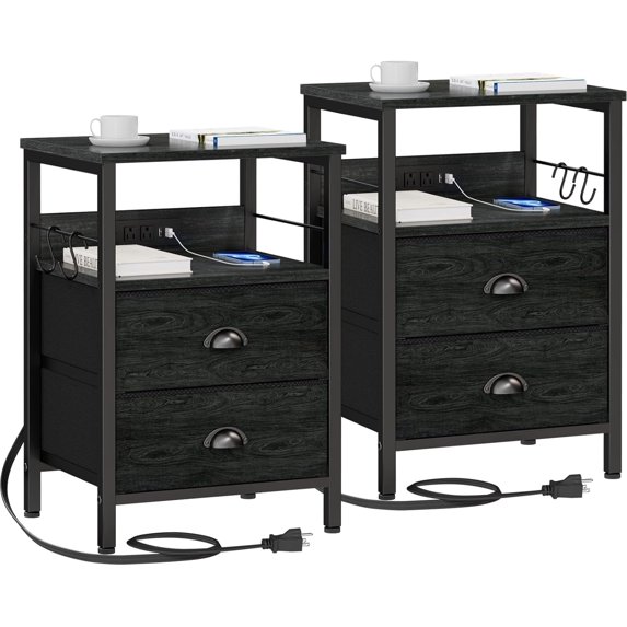 Nightstand Set of 2, Black Oak, with Charging Station and USB Ports, Side Tables with 2 Fabric Drawers, Bedside Tables with Storage Shelf & Hooks, for Living Room/Bedroom