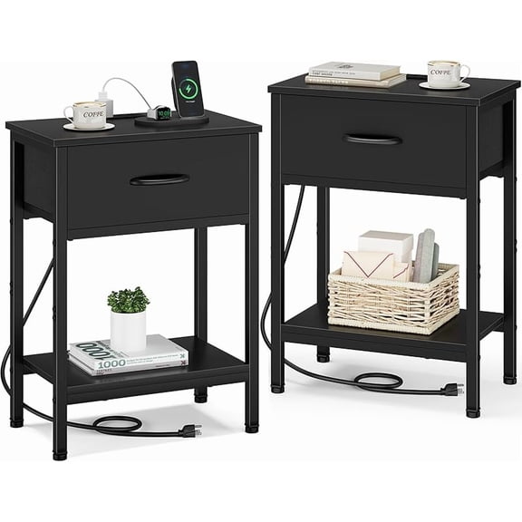 Nightstand Set of 2 with Charging Station, Bed Side Table with Fabric Drawer, Small End Table with 2-Tier Storage Shelves, 25.4" Tall Bedside Table,  Night Stand for Bedroom, Living Room