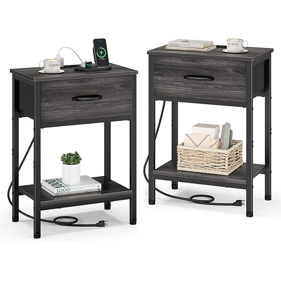 Nightstand Set of 2 with Charging Station, Bed Side Table with Fabric Drawer, Small End Table with 2-Tier Storage Shelves, 25.4" Tall Bedside Table,  Night Stand for Bedroom, Living Room