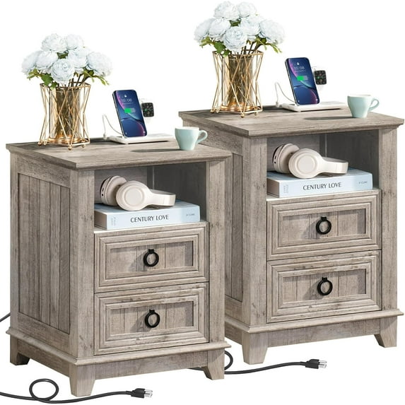 Nightstand Set of 2 with Charging Station, Bedside Table with 2 Drawers, Bed Side Tables for Bedroom, Modern Farmhouse Nightstands End Table for Living Room, Grey Oak