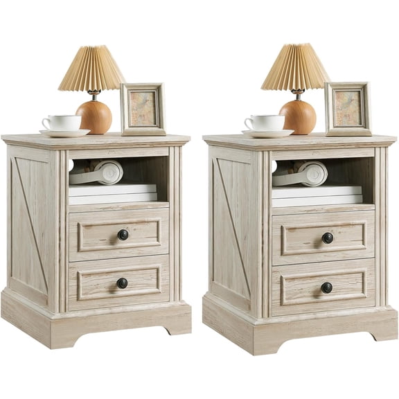 Vecenuy Nightstand Set of 2 with Charging Station, Bedside Table with Open Storage & 2 Drawers, 18" Retro Side for Bedroom Living Room, Washed Gray
