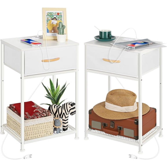 Nightstand Set of 2 with Charging Station, Bedside Tables with 2 Outlets & 2 USB Ports Each, 2-Tier Storage with Fabric Drawer & Open Shelf, for Bedroom Living Room Guest Room