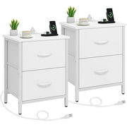 Nightstand Set of 2 with Charging Station, End Table Bedside Table with Power Outlet & USB Ports, Side Table with 2 Fabric Drawers for Bedroom, Living Room, White