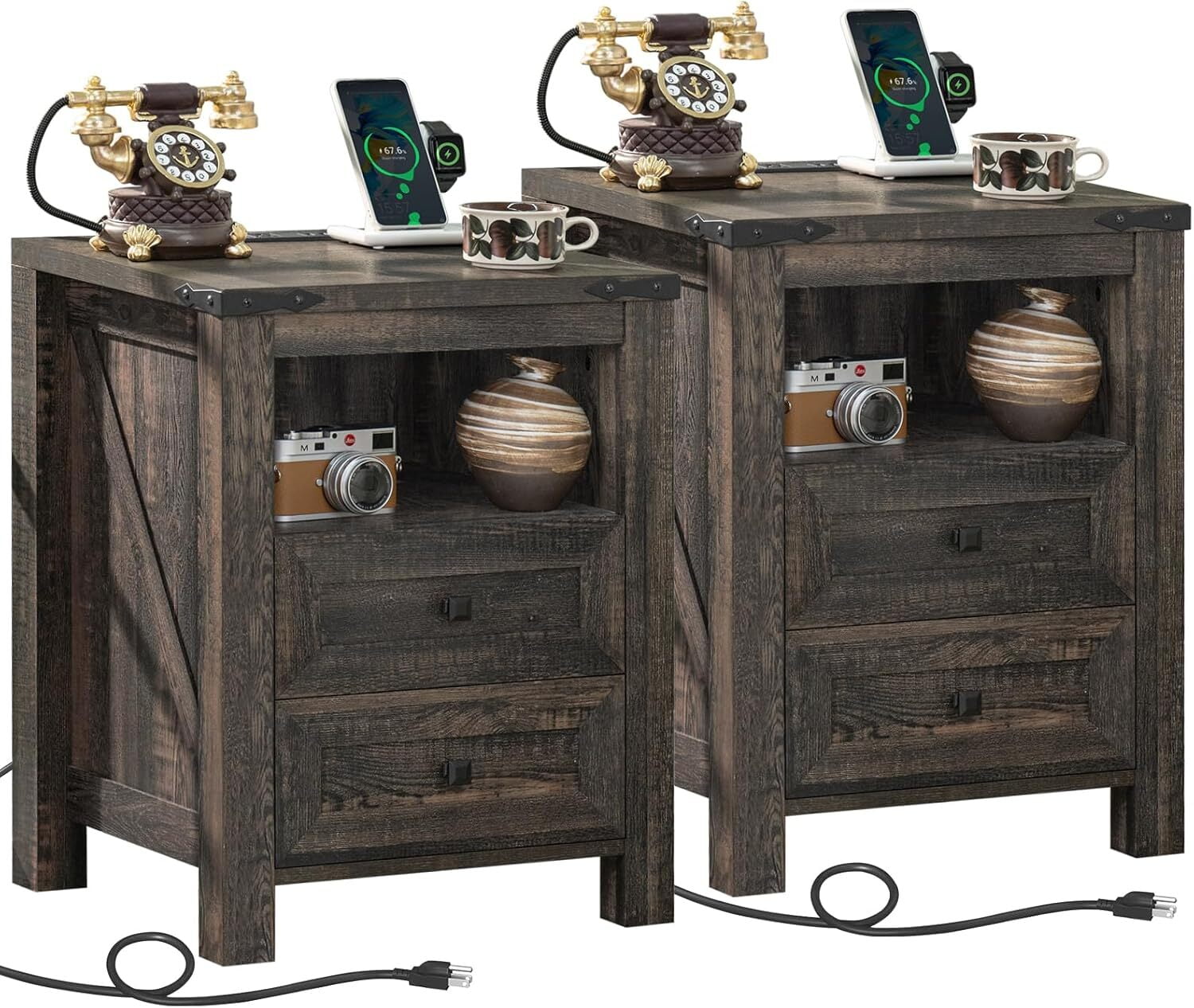 Nightstand Set of 2 with Charging Station, Farmhouse Nightstands with 2 Drawers and Open Storage, End Table Bedside Table for Bedroom Living Room, Dark Oak