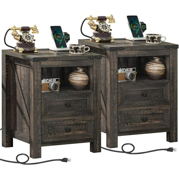 Nightstand Set of 2 with Charging Station, Farmhouse Nightstands with 2 Drawers and Open Storage, End Table Bedside Table for Bedroom Living Room, Dark Oak