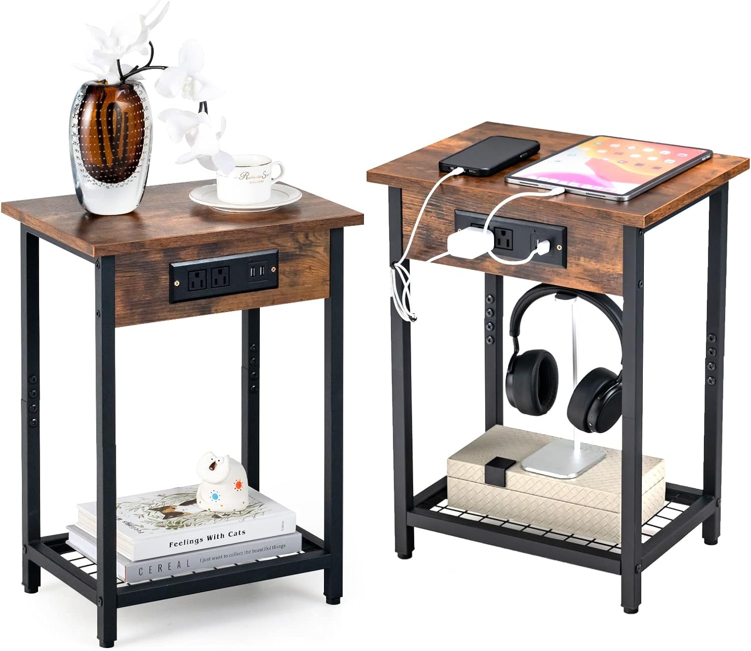 Nightstand Set of 2 with Charging Station, Industrial End Table Side