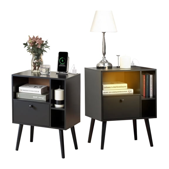 Halicool Modern Nightstand Set of 2 with Charging Station and LED Light