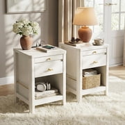 Nightstand Set of 2 with Charging Station and LED Light, Wood Curved Night Stand with 2 Drawers & Open Shelf, Mid Century Modern Bedside Table with Side Storage for Bedroom, White