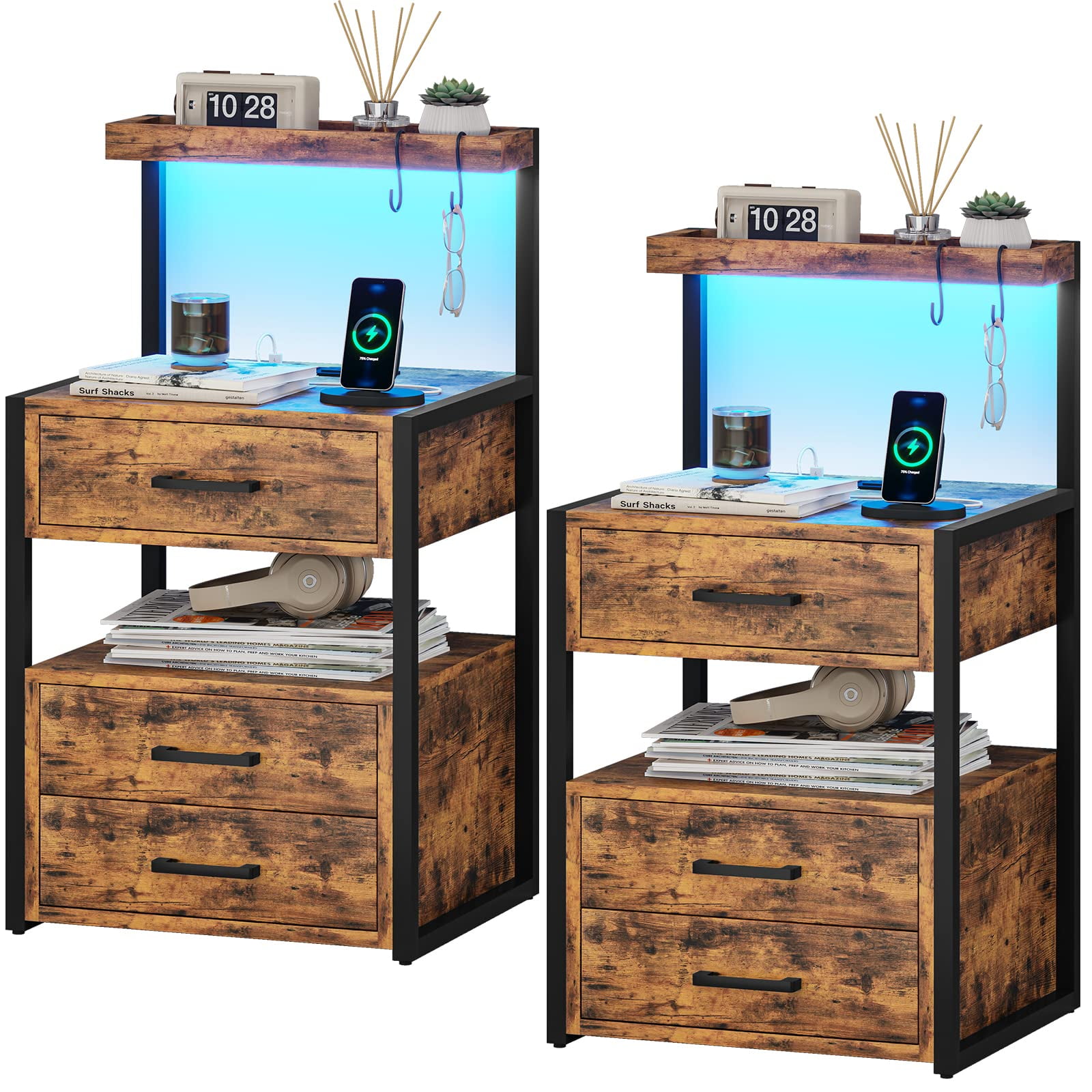 Tall Night Charger Pair Stands, Modern LED End Table with USB Ports, AC