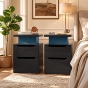 Nightstand Set of 2 with Charging Station & RGB LED Lights, Modern 2-Drawer Bedside Table with USB Ports & Power Outlets, Wood End Side Table with Storage for Bedroom, Black