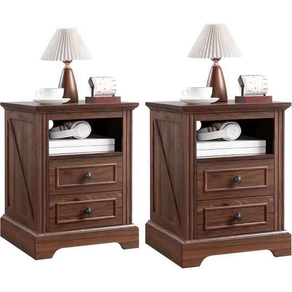 Vecenuy Nightstand Set of 2 with Charging Station, Side Table with Open Storage & 2 Drawers, 18" Retro Bedside, End for Bedroom Living Room, Brown
