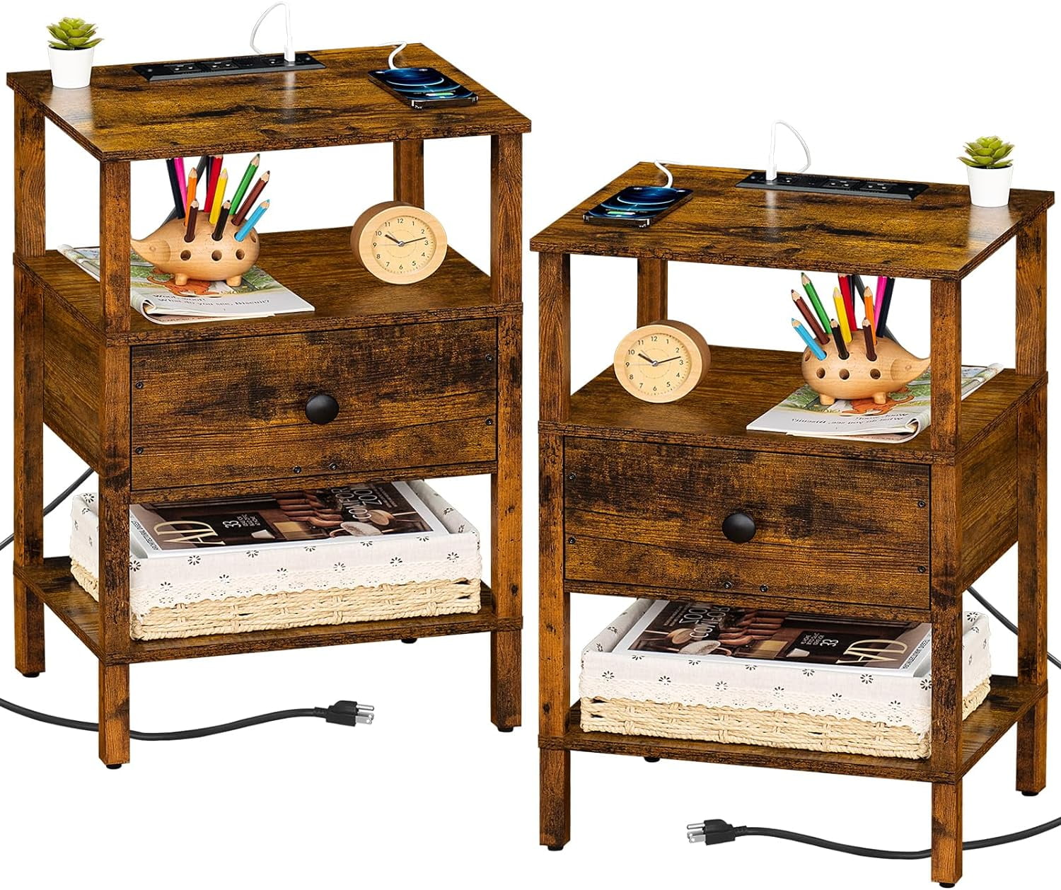 Nightstand Set of 2 with Charging Station and USB Ports, 3-Tier Storage ...