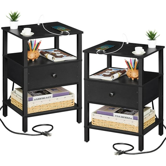 Nightstand Set of 2 with Charging Station and USB Ports, 3-Tier Storage End Table with Drawer Shelf, Night Stand for Small Spaces, Wood Bedside Table for Living Room, Bedroom - Classic Black