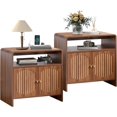 thumbnail image 1 of Nightstand Set of 2 with Chariging Station, Classic Striped End Table with Door Storage, Rectangle Side Storage Shelf Table for Living Room Sofa Side, Bedroom Bedside (2, Walnut), 1 of 10