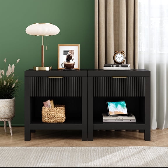 Nightstand Set of 2, End Table with 2 Drawers, Modern Bed Side Table with Storage, Farmhouse Fluted Cabinet Bedside Cabinet for Bedroom Living Room Sofa Couch Office (Black)