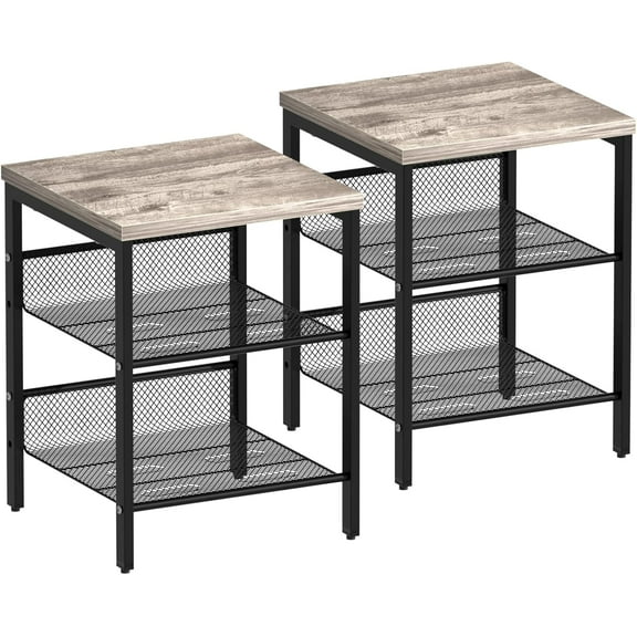 Nightstand Set of 2 End Tables Small Side Table with 2 Adjustable Mesh Shelves 3-Tier Storage Table with Durable Frame for Bedroom Living Room Kichen Grey Oak