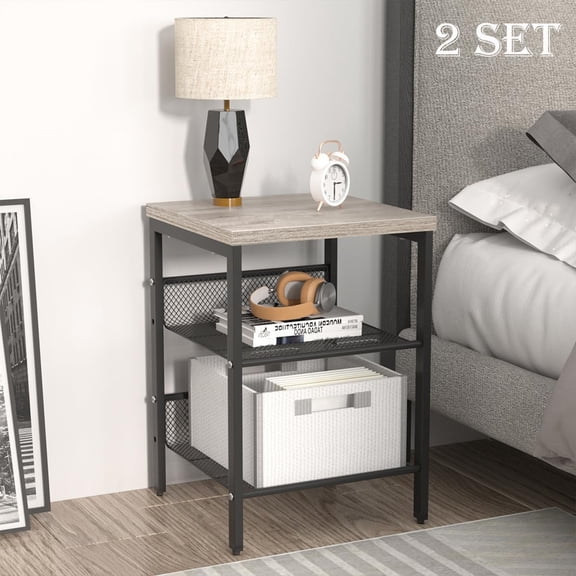 Nightstand Set of 2 End Tables Small Side Table with 2 Adjustable Mesh Shelves 3-Tier Storage Table with Durable Frame for Living Room Bedroom Kichen Charter Oak