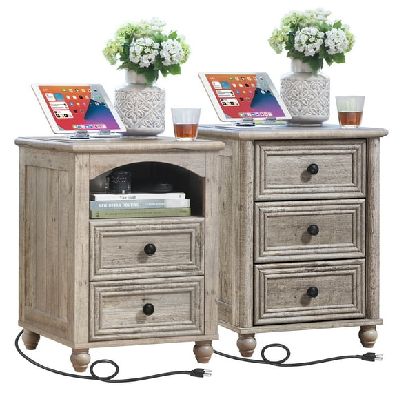 Nightstand Set of 2 Farmhouse Night Stand with Storage Shelves/3 Drawers Bedside Tables End Table for Bedroom Modern Wood Side Table Living Room, Grey
