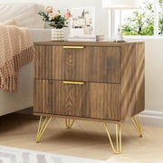 Nightstand Set of 2, Fluted Night Stand with 2 Drawers, Wood Bedside Table with Storage, Modern Night Stands Bed Side End Table for Living Room, Bedroom, Sofa, Office, Natural Oak