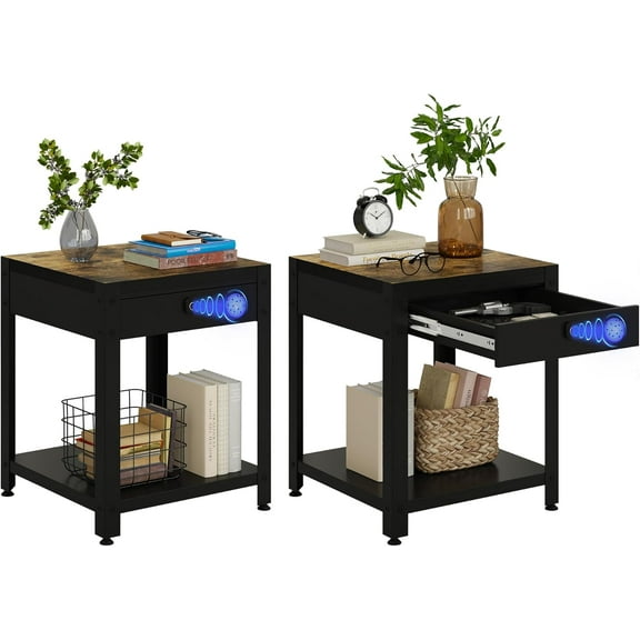 Nightstand Set of 2 with Hidden Locking Compartment, Smart Fingerprint Gun End Table, Secure Storage Cabinet for Handguns and Valuables, Quick Access Small storage coffee table for Bedroom or Office