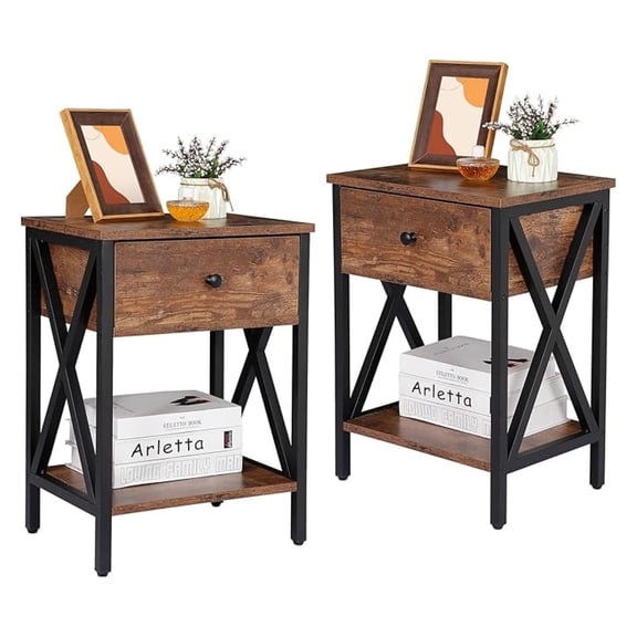 Nightstand Set of 2, Industrial End Tables with Drawer and Storage Shelf, Bedside Table Night Stands for Living Room, Bedroom, Halway, Sofa Couch, Antique Brown