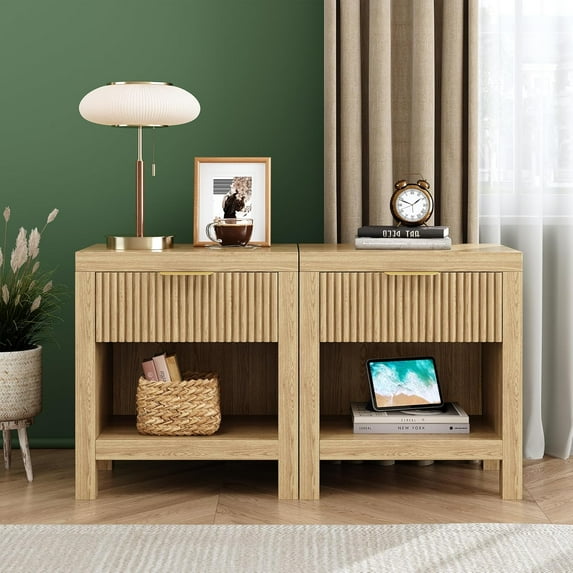 Nightstand Set of 2, Mid Century Modern Wooden Farmhouse Fluted Cabinet Bedside Cabinet, Boho End Table Side Table with Storage Drawer and Open Shelf, for Living Room, Office (Natural)