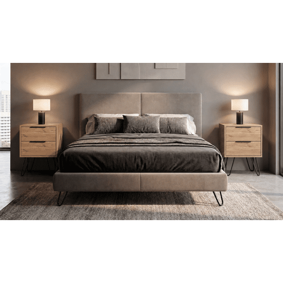 Nightstand Set of 2, Modern Bedroom Bedside Tables with 2 Scratch Resistant Drawers, Melamine Particle Board Storage Cabinets for Small Spaces, Light Oak Beige Finish, Seneca Set