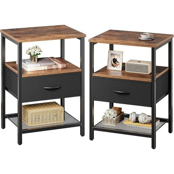 Nightstand Set of 2, Night Stand with Fabric Drawer, Mesh Shelf, Side Table with Storage, Fabric Drawer Dresser, Open Shelf, Metal Frame, Bedroom, Rustic Brown and Black