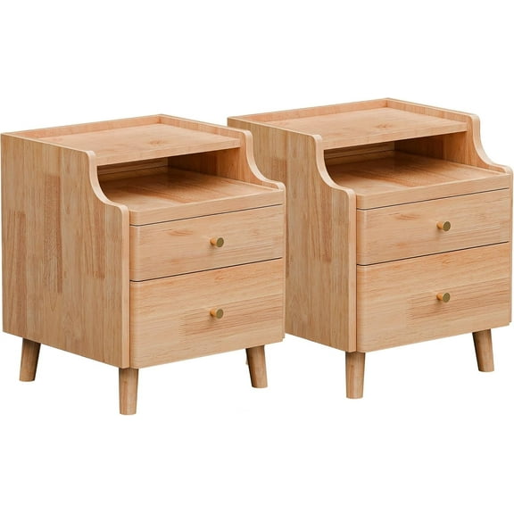 Nightstand Set of 2, Pre-Assembled, Solid Wood Night Stand with 2 Drawers, Open Sliding Shelf, Mid Century Modern Small Bedside Table for Bedroom, End Side Table, Natural Oak