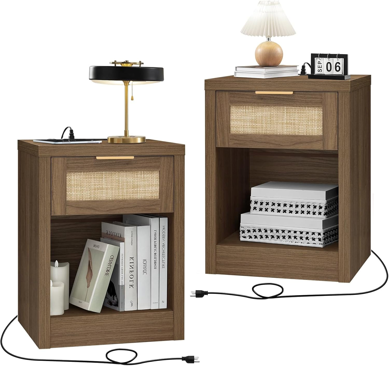 Nightstand Set of 2, Rattan Night Stand with TypeC Charging Station