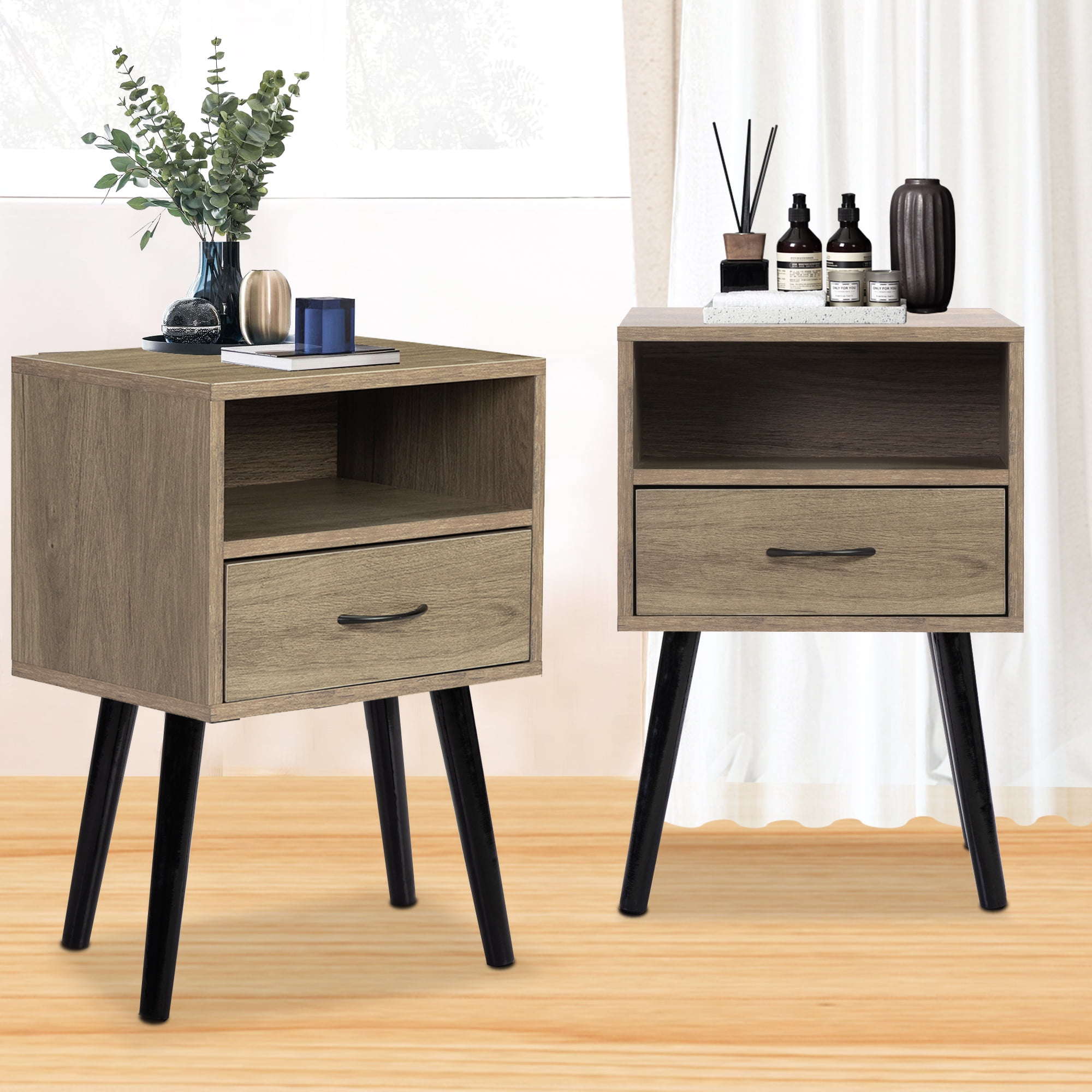 PAPROOS Nightstand Set of 2, Bedside Table with Metal Legs, Modern End Side Table with a Fabric Drawer and Shelf, Versatile Nightstand for Bedroom Sofa Entryway, Natural+Gray