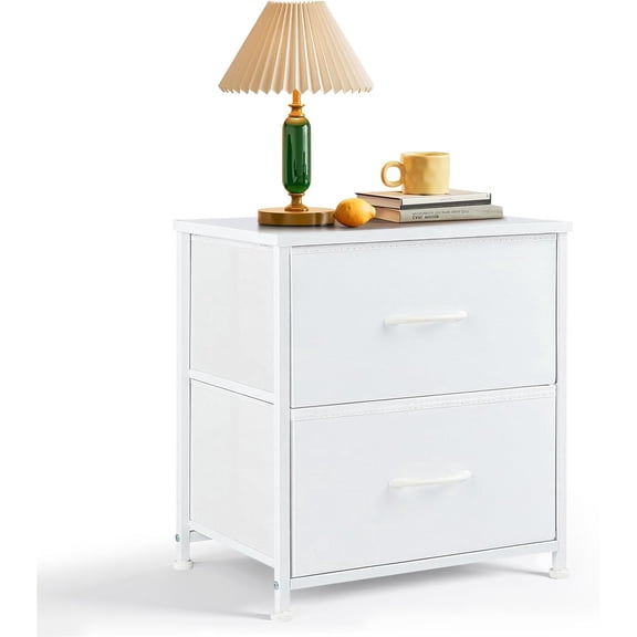 Nightstand Set of 2, Small 2 Drawer Dresser End Table Bedside Furniture, Wooden Top Fabric Bins for Bedroom, Closet, Entryway, Dorm, 11.8" D x 18" W x 20", White