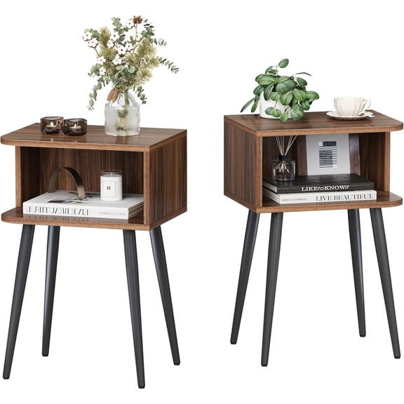Nightstand Set of 2, Small Bed Side Table for Small Spaces, Mid Century Modern Nightstand End Table with Open Storage, Side Table for Bedroom Living Room, Walnut Brown