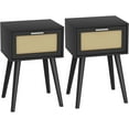 thumbnail image 1 of Nightstand Set of 2, Small End Table with Rattan Door, Bedside Table with Solid Wood Feet, Boho Side Table for Bedroom Living Room Small Space - Black, 1 of 12