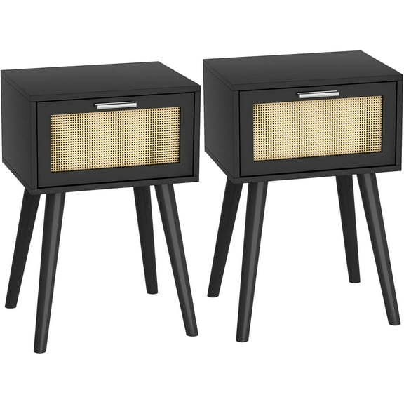 Nightstand Set of 2, Small End Table with Rattan Door, Bedside Table with Solid Wood Feet, Boho Side Table for Bedroom Living Room Small Space - Black