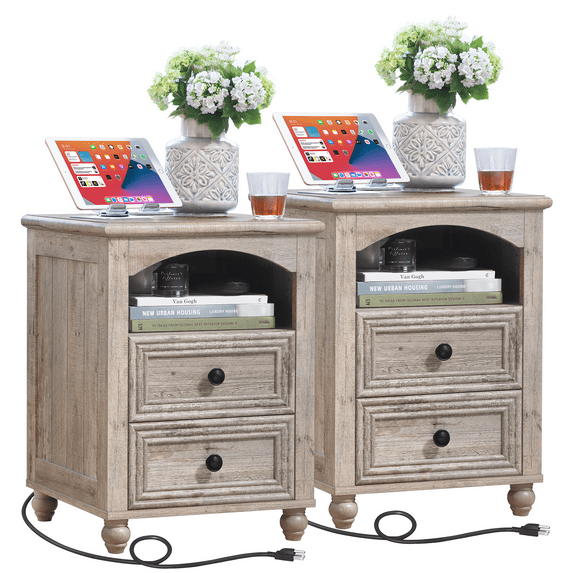 Nightstand Set of 2 for Small Spaces, Night Stands with 2 Drawers and Storage Shelf, Elegant Bedside Table Wood End Table for Bedroom Living Room Hallway, Grey Oak