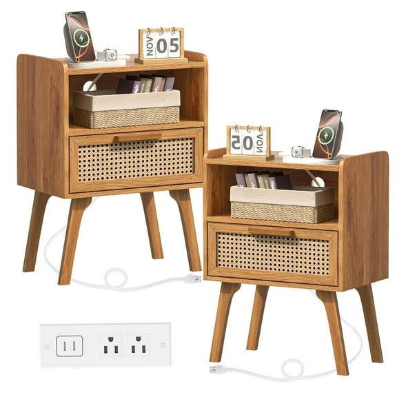 Nightstand Set of 2 for Small Spaces, Rattan Night Stands with Drawer & Storage Shelf, Boho Bedside Table Artificial Wood End Table for Bedroom Living Room Hallway, Tea Brown