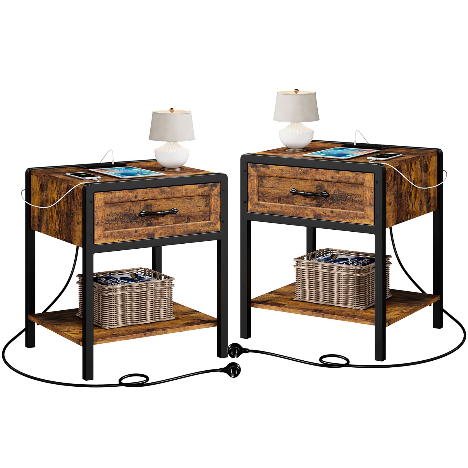 Nightstand Set of 2, Vintage Brown End Tables with Charging Station