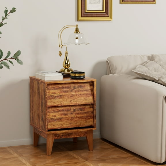 Nightstand Set of 2, Vintage-style Wood Bedside Table, Bevel Design End Table with 2 Hidden Pull Design Storage Drawers, Mid Century End Table for Bedroom