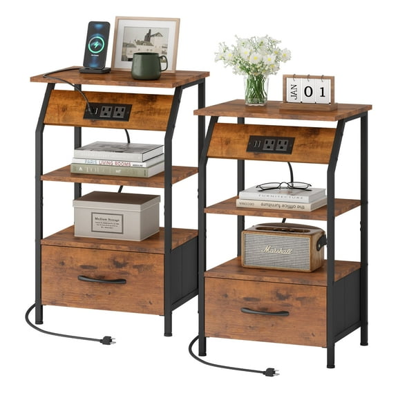 JAXPETY Modern Nightstand with Charging Station, Set of 2, Brown
