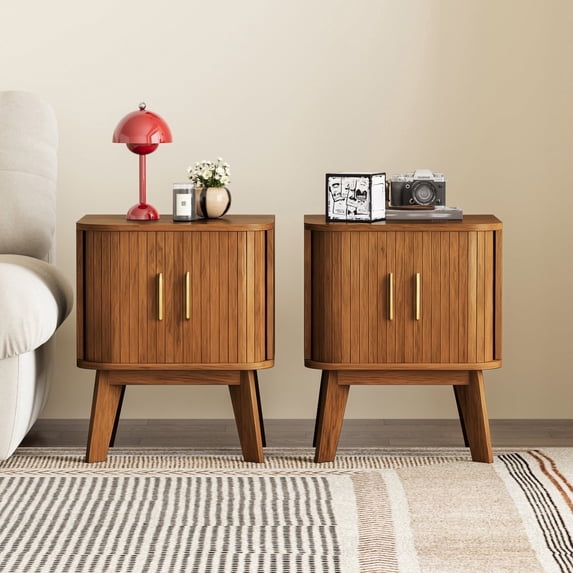 Pusnapku Nightstand Set of 2, Wood End Table with Storage and Sliding Door, Modern Curved Side Desk, Small Bedside Table for Bedroom, Living Room