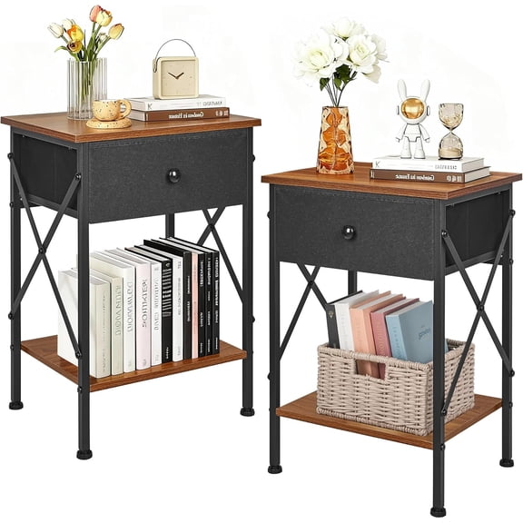 Nightstand Set of 2, X-Design End Side Table with Fabric Drawer & Open Shelf, Bedside Night Stand for Bedroom, Living Room, Dorm, Easy Assembly, Classic Brown